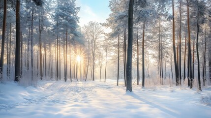 Fototapeta premium Frozen forest with snow-covered trees.
