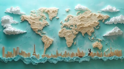 Obraz premium 3D world illustration, Embossed map with continents and sea lanes Geographical map for the traveler