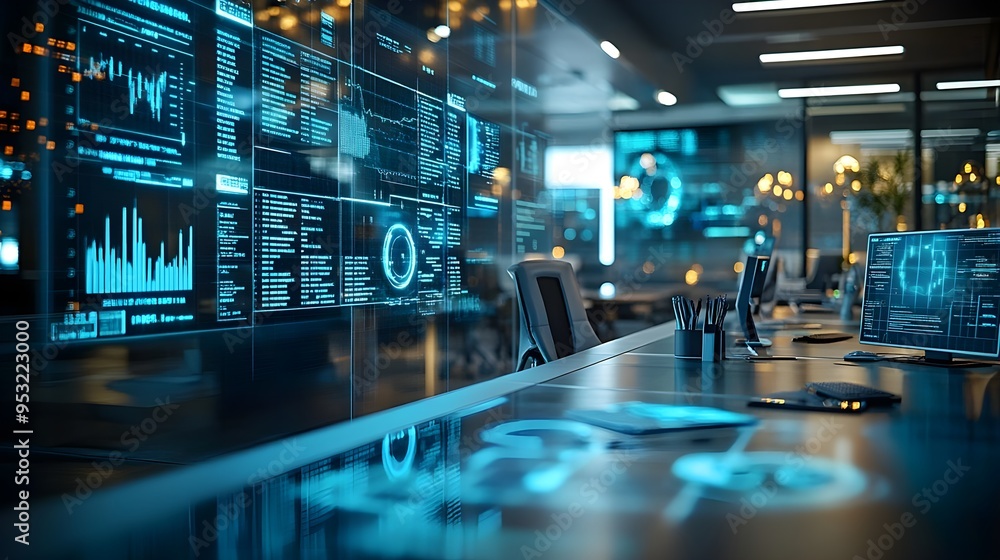 Poster futuristic office desk with data analytics display