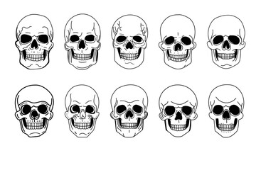 Conjunto de set de vectores de calaveras estilizadas en blanco y negro