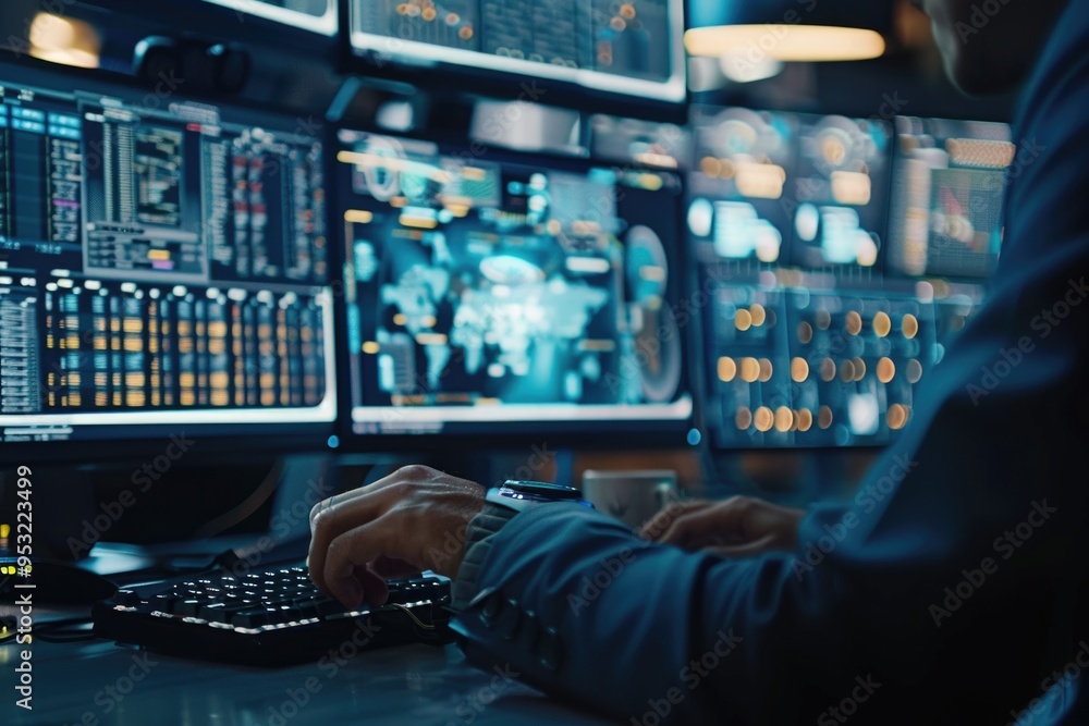 Poster a person sitting in front of several computer screens, focused on typing on the keyboard