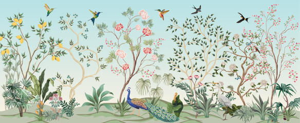 Blossom Chinoisserie Mural wallpaper, Birds, Peacock, Watercolor tree and background. © Sharif
