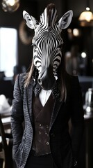 A stylish individual wearing a zebra mask, blending fashion and whimsy in a modern setting.