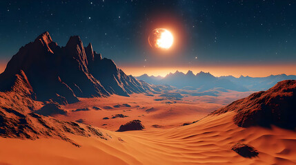 A red desert landscape with mountains in the background and a large, bright sun in the sky.