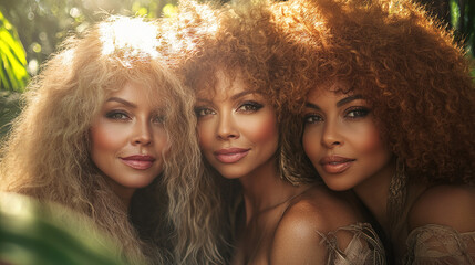 Obraz premium Portrait of Three Happy Multiethnic Women with Curly Hair and Golden-Brown Skin, Standing Together in Sunlight with Soft Shadows