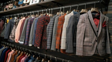 A beautiful array of kids' formal wear on hangers, showcased on a wall in the mall's special occasion section