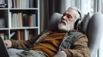 Obraz premium Retired man listens to music on his computer, eyes closed.