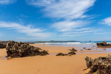 Canallave beach in Pielagos Cantabria Spain      orning of summer with low tide, Liencres dunes natural park.