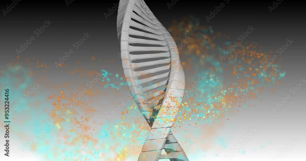 Poster dna strand with colorful particles, scientific data processing animation