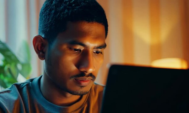 Indonesian Man Working on Laptop in Cozy Workspace