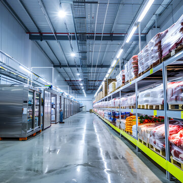 Warehouse worker is walking inside a large industrial cold storage facility for food preservation