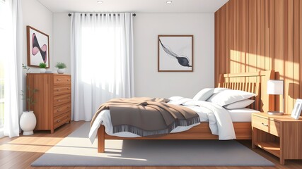 Anime Style Illustration of Serene Modern Bedroom with Wooden Bed, White Bedding, Abstract Art, and Natural Light in a Cozy Neutral Palette