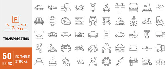 Transportation icon set. Containing car, plane, train, bicycle, motorbike, bus and scooter icons. Editable stroke. Vector illustration