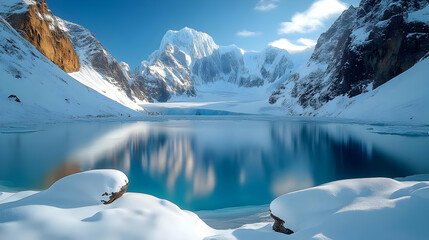 A serene frozen lake nestled between towering snow-capped mountains, reflecting a vibrant blue sky in its icy surface.