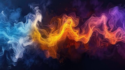 Fototapeta premium Abstract background with glowing lines and waves in blue, purple, yellow and orange hues against a dark background.