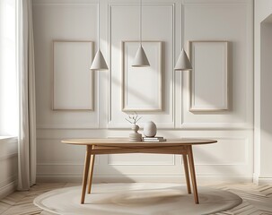 3 large thick white wooden picture frames hanging on the wall of an elegant dining room. The interior had a simple and minimalistic Scandinavian style with light warm wood tones