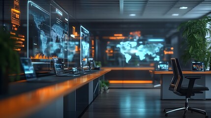 Futuristic Office Interior with Global Data Display