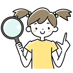 虫メガネを持って指をさす女の子の上半身