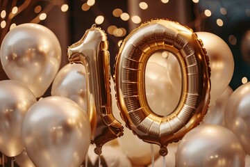 Golden 10th birthday celebration balloons with festive lights in the background.	
