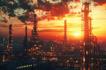 Obraz premium Industrial facility with oil tanks and pipes, set against a colorful sunset backdrop