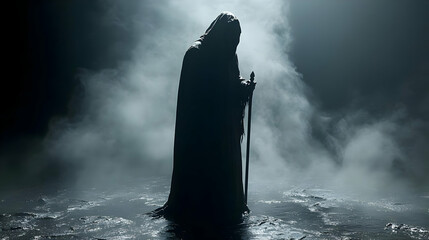 A shadowy figure stands in a misty, dark landscape, holding a staff.