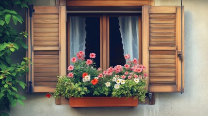 Windows decorated with flowers, wooden shutters open