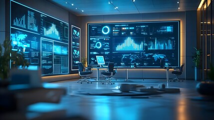 Futuristic Office with Blue Data Visualization Screens