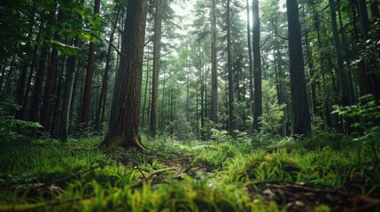 Fototapeta premium A dense forest with many tall trees, suitable for nature or environmental themes