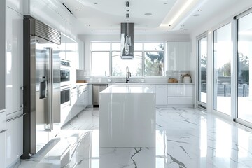 A photo of the kitchen in a modern home with white cabinets, stainless steel appliances and large windows letting in natural light. A sleek island is centered between two shiny silver refrigerators 