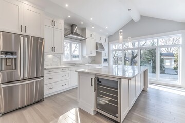 Fototapeta premium A photo of the kitchen in a modern home with white cabinets, stainless steel appliances and large windows letting in natural light. A sleek island is centered between two shiny silver refrigerators 