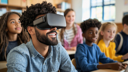 Virtual Reality Classroom Diverse Students and Teacher Learning with VR Headset