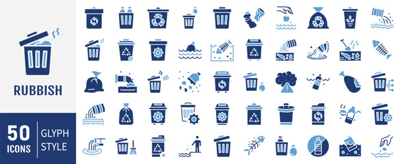 Rubbish icon set. Containing disposal, landfill, garbage collection, plastic, sorting, contamination icon. Vector illustration