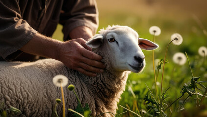 Pastoral scene of shepherd tenderly caring for a lost sheep in blooming meadows