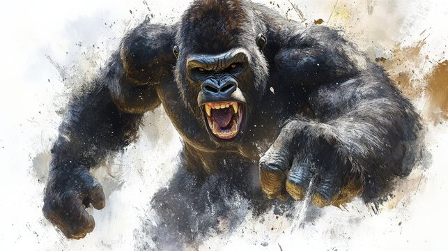 Gorilla Fury: A fierce and powerful gorilla charges forward, teeth bared and muscles tensed, in a dramatic digital art illustration that captures the primal energy of nature's apex predator.