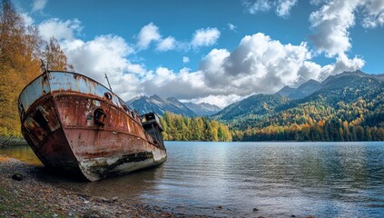 Wide-angle view of a weathered, rust-covered abandoned iron ship near a lake. The Pioneer vessel rests along the shores