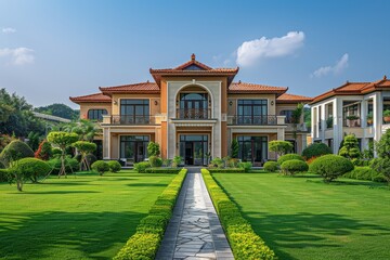 Elegant Large Villa with Green Lawns and European Architecture, Wide-Angle View in Northern China with Blue Sky Background
