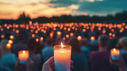 A crowd of people at sunset, all holding lit candles, Patriot Day, crowd, sunset, candles