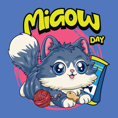 International Cat Day funny vector hand drawn cartoon illustration for sticker, badge, patch, banner, greeting card, invitation
