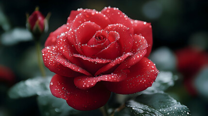 A single red rose with dew drops on its petals.
