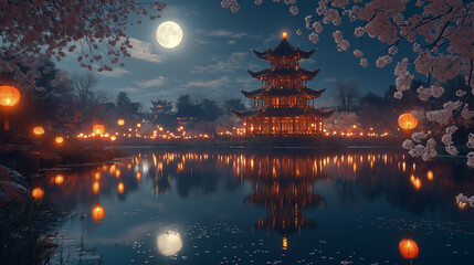 Obraz premium a chinese pagoda near a river of water, full moon, night scene, Chinese new year