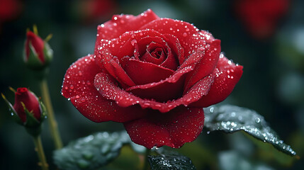 A single, vibrant red rose with water droplets on its petals, surrounded by greenery.