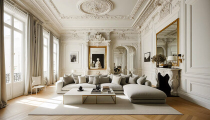 Elegant modern living room with ornate ceiling and stylish furniture, captured in a bright Parisian apartment during the afternoon