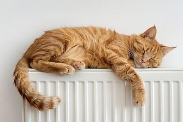 A domestic orange cat is sleeping on top of a radiator, warm and cozy