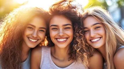 Three Beautiful Multiethnic Women in Their Late Thirties Smiling with Curly Hair and Golden-Brown Skin, Posing Outdoors in Bright Sunlight