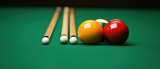 Pool table with cues and balls in close up