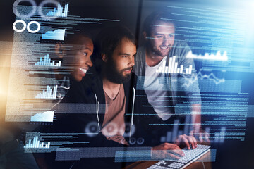 Happy people, data and night with computer on overlay for future development, analytics or...