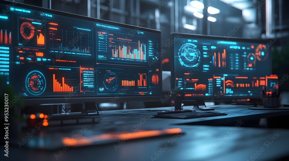 Poster futuristic tech data analysis monitors - cybersecurity