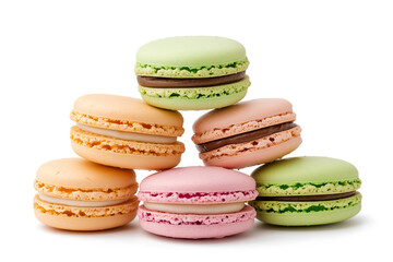 Stack of assorted macarons in soft pastel colors, featuring various flavors and fillings, arranged on a transparent background