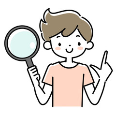 虫メガネを持って指をさす男の子の上半身