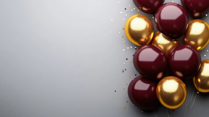 maroon and gold balloons on a grey background, birthday party decorations in the style of unknown artist, detailed high definition image
